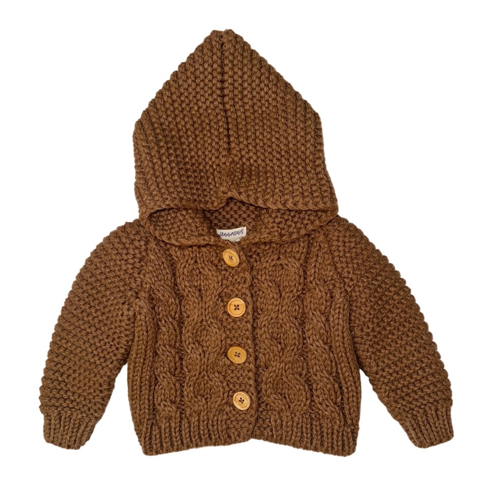 Huggalugs Pecan Garter Stitch Hooded Cardigan Sweater Baby 0-6m Brown Cable Knit
